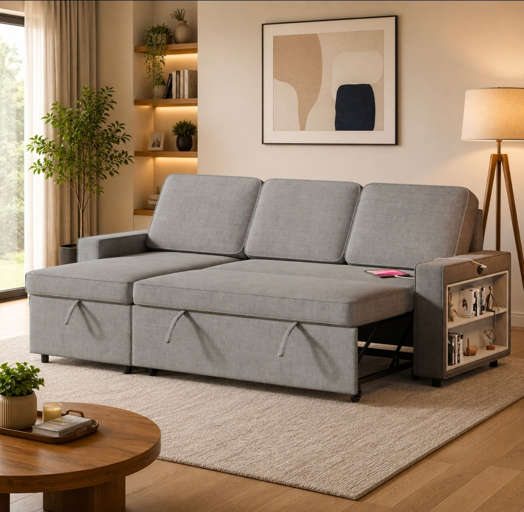 sofá cama convertible con diván de almacenamiento y estantes de almacenamiento, con puerto USB y puerto T pyce