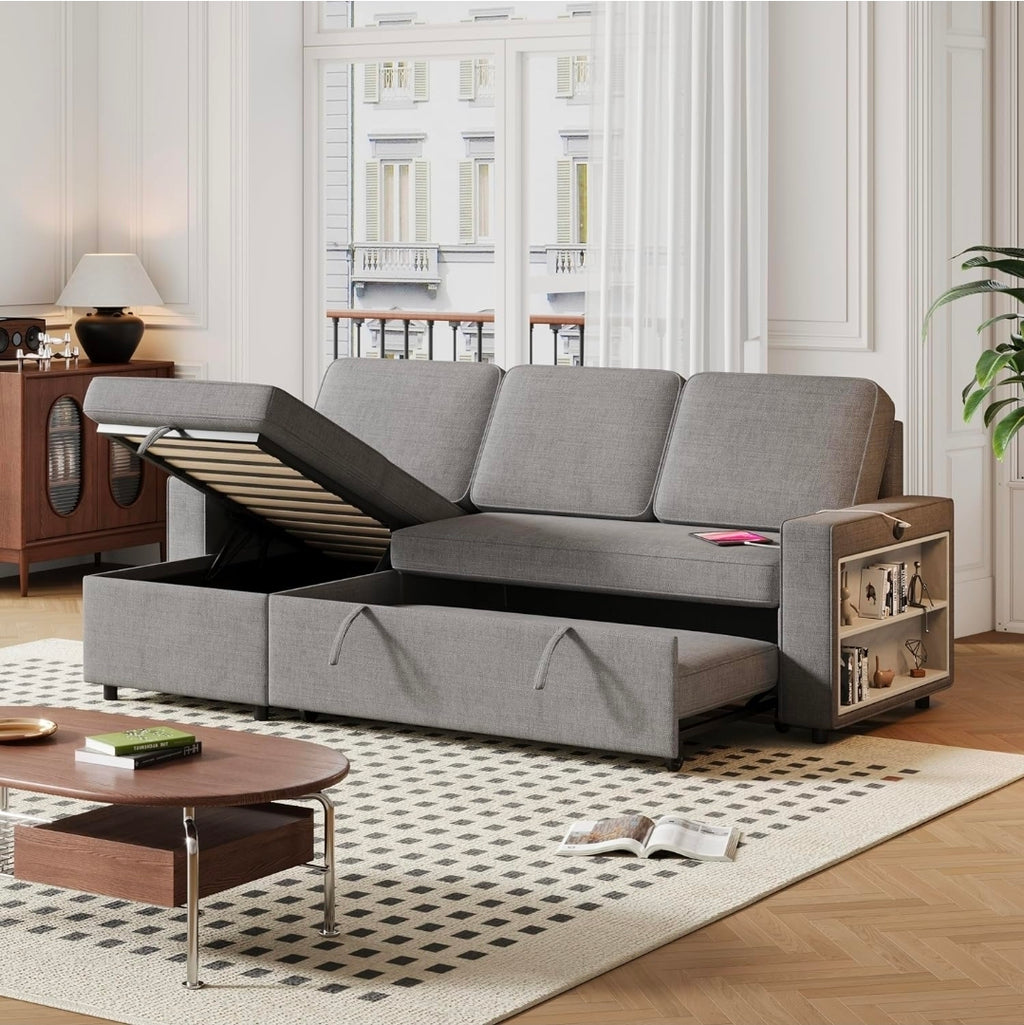 sofá cama convertible con diván de almacenamiento y estantes de almacenamiento, con puerto USB y puerto T pyce