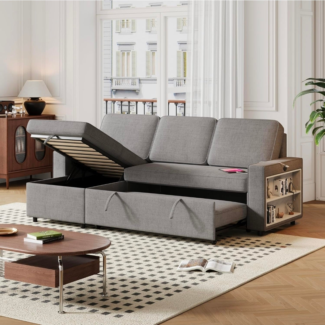 sofá cama convertible con diván de almacenamiento y estantes de almacenamiento, con puerto USB y puerto T pyce