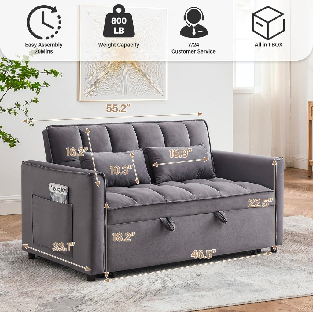 Sofá cama 3 en 1, sofá cama convertible de terciopelo, sofá cama extraíble con bolsillos laterales