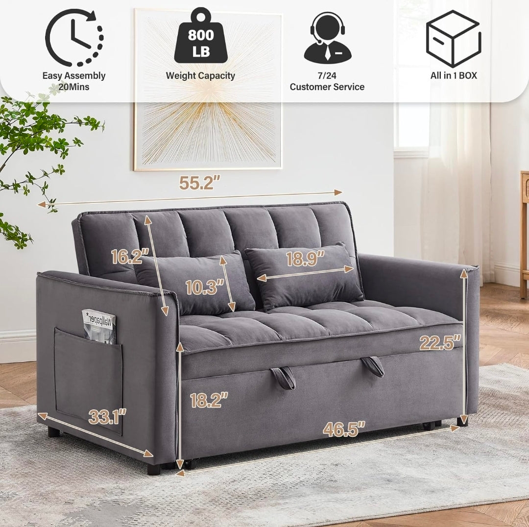 Sofá cama 3 en 1, sofá cama convertible de terciopelo, sofá cama extraíble con bolsillos laterales